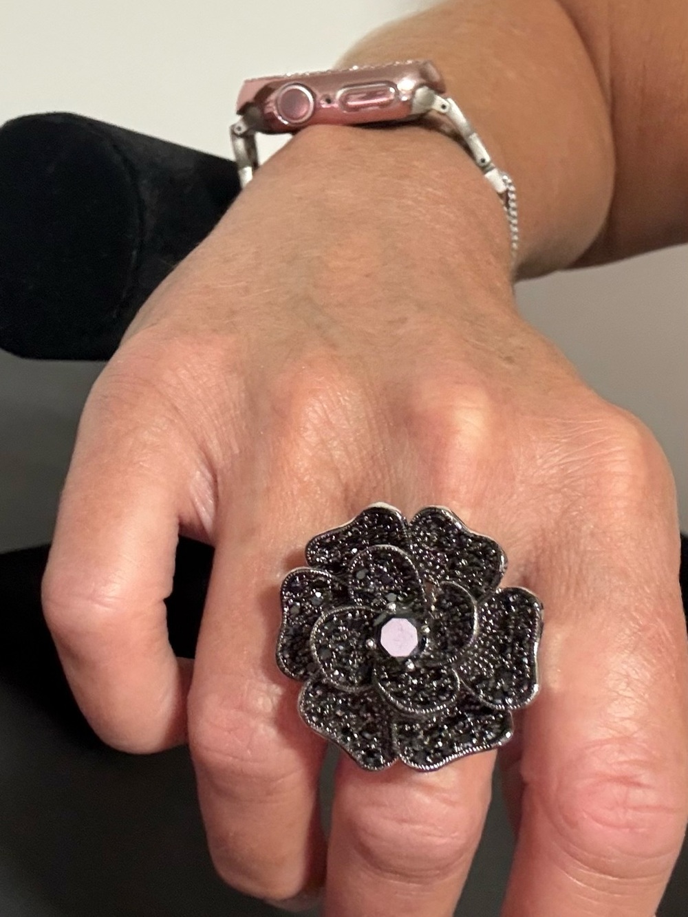 Black Floral Statement Ring - Size 7 Women Jewelry